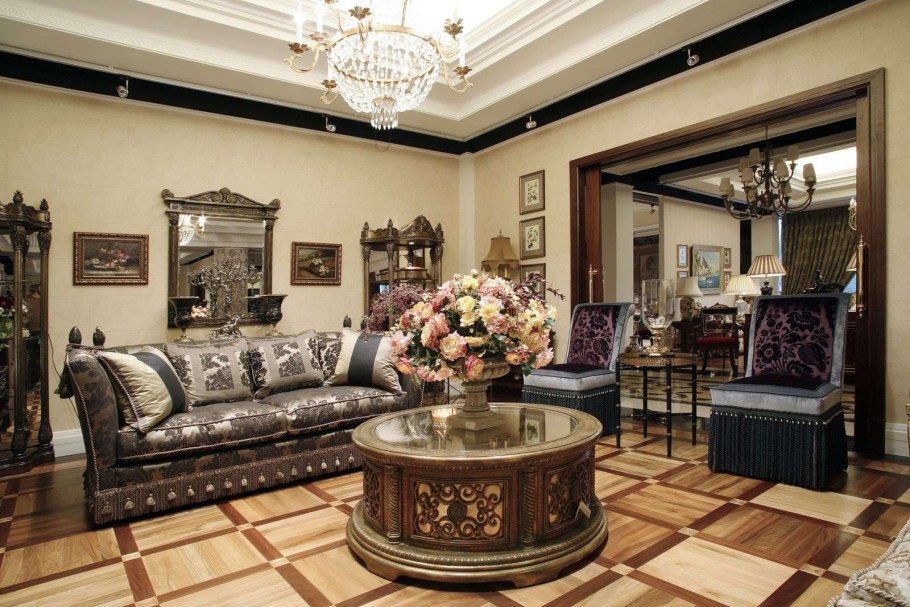 Гостиная в американском стиле с камином