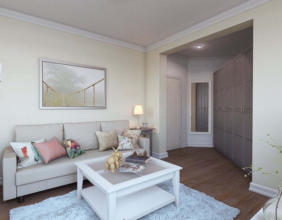 Светлый интерьер гостиной в 20 кв м