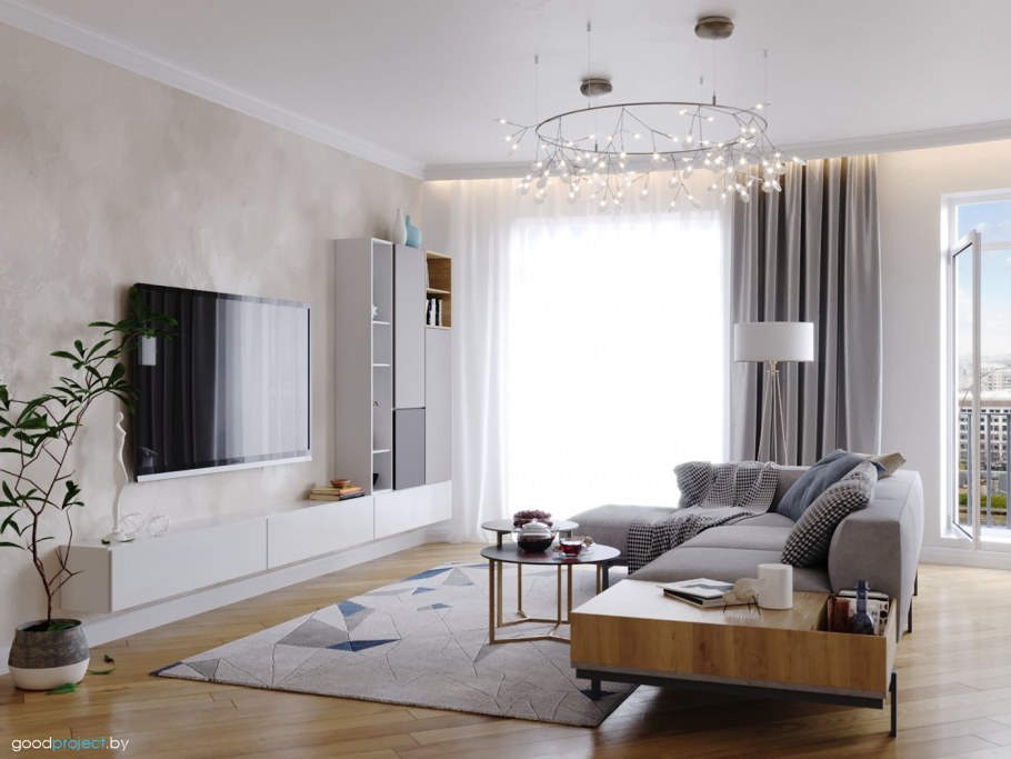 Гостиная в квартире маленькая с коричневым полом