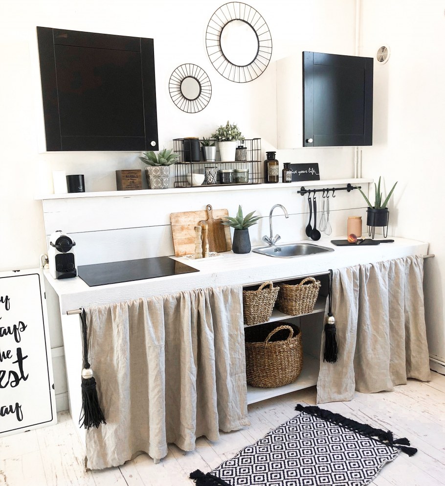 Шторки вместо фасадов на кухне