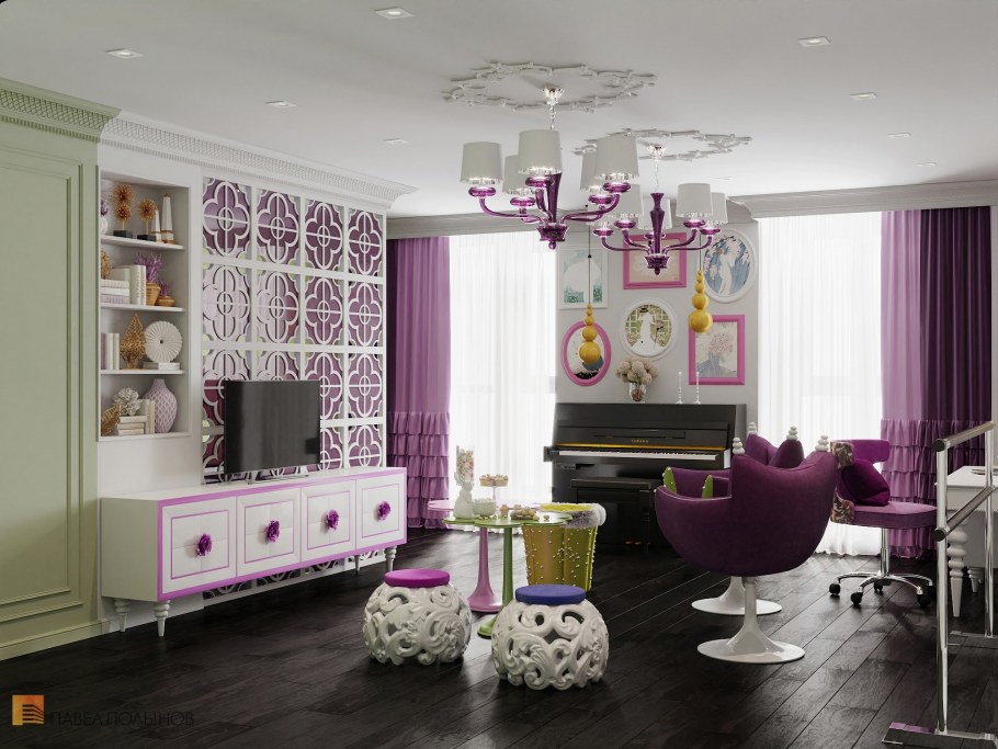 Интерьер в сиреневых тонах гостиная офис