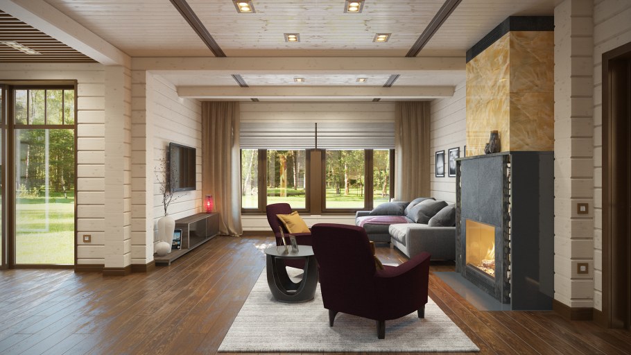 Интерьер гостиной в доме из клееного бруса