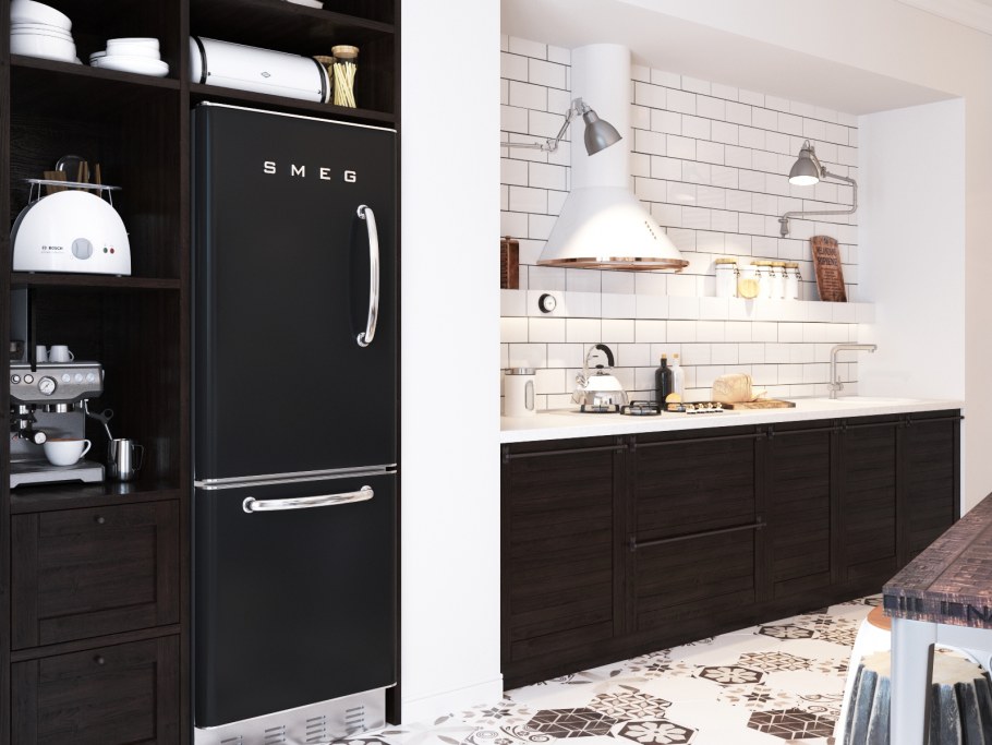 Кухни без верхних шкафов с пеналом