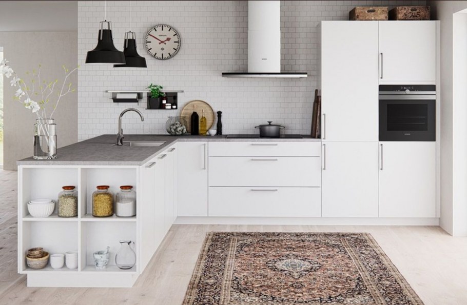 Кухонный гарнитур белый угловой без верхних шкафов