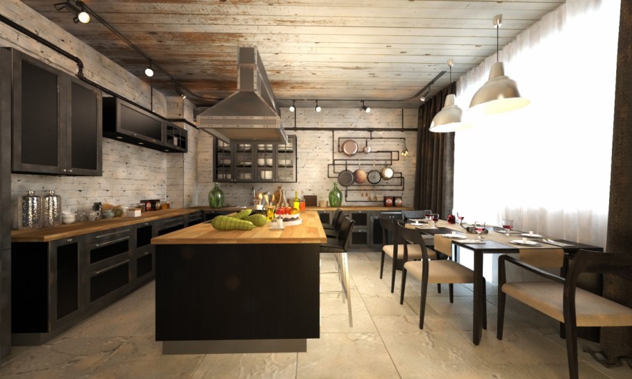 Коттедж внутри интерьер кухни лофт