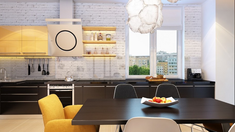 Желтая кухня в стиле лофт