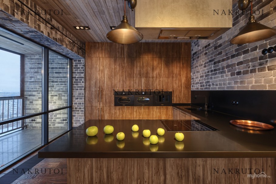 Кухня в стиле лофт п образная под дерево