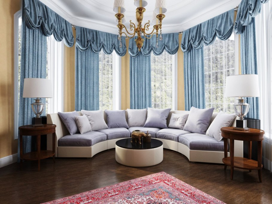 Шторы в эркере для гостиной