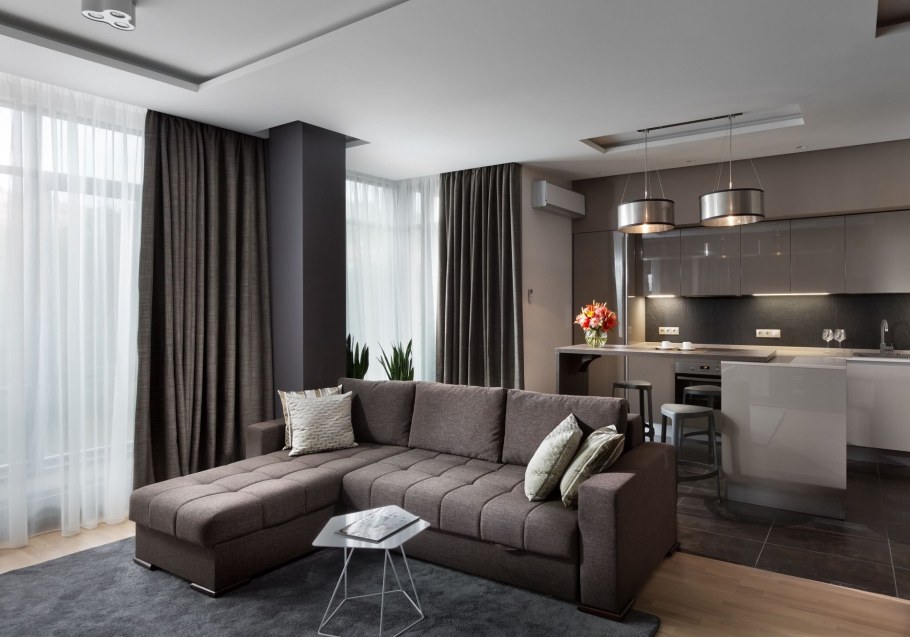 Кухня-гостиная в серо-бежевых тонах