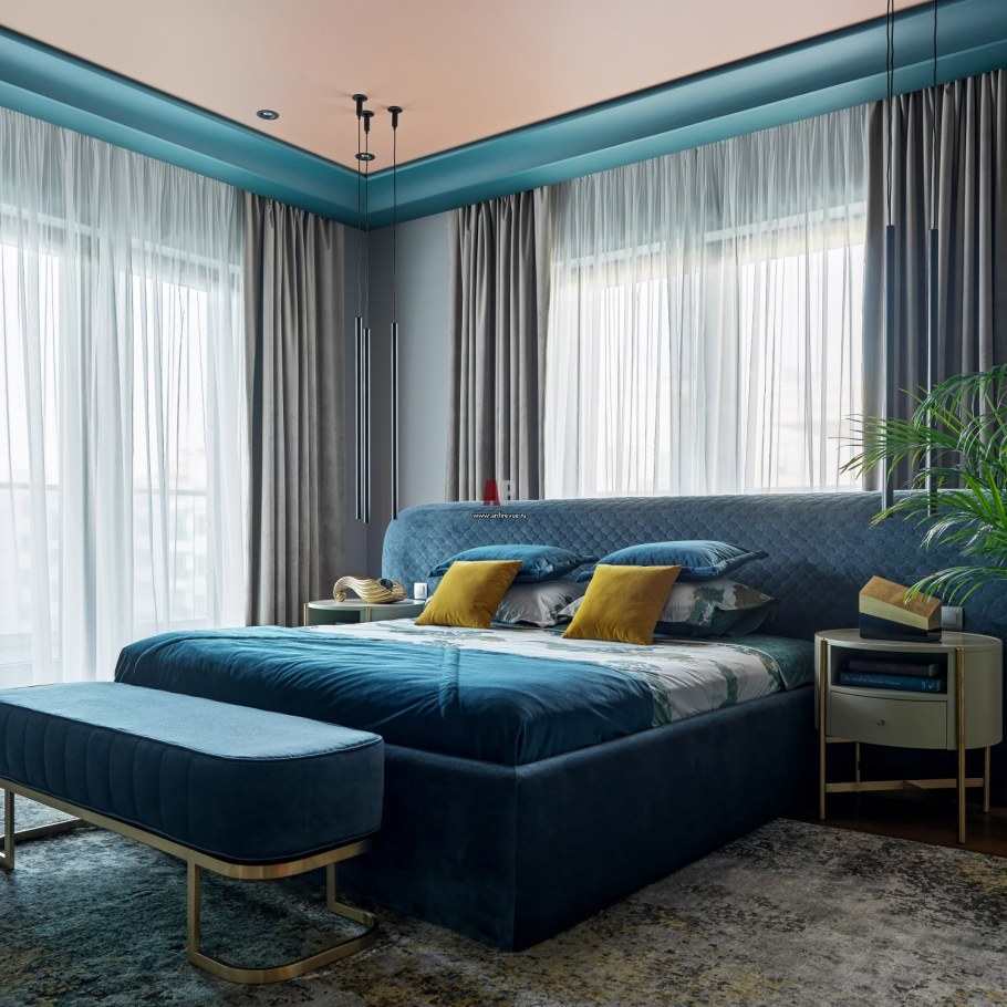 Спальни интерьер в современном стиле с глубоким синим
