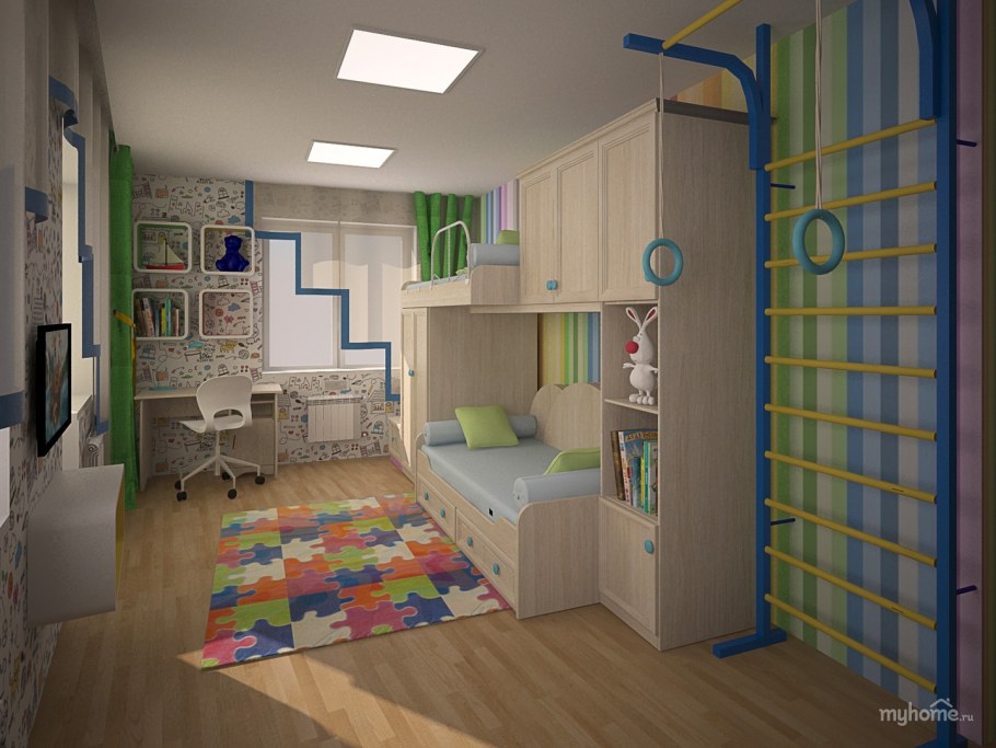 Квадратная детская комната для двоих планировка