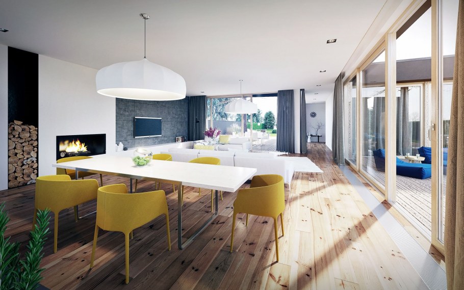 Одноэтажный дом в стиле лофт с панорамными окнами