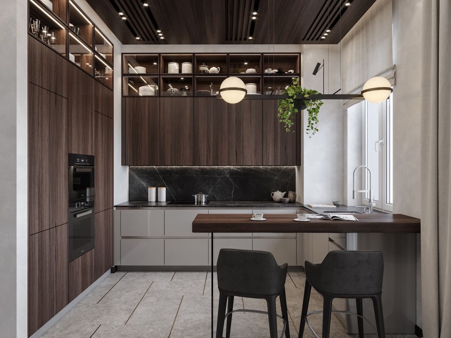 Кухня с антресолями под дерево