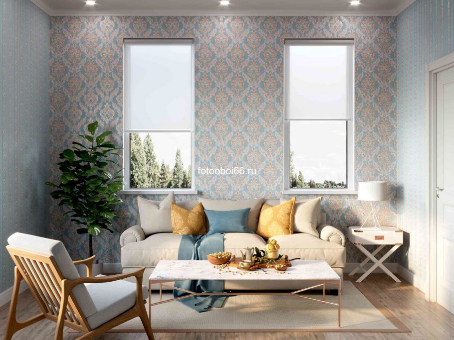 Обои с вензелями в интерьере гостиной