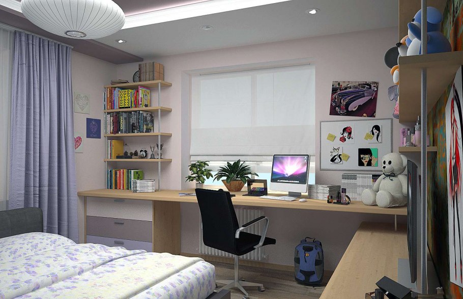 Рабочее место у окна в комнате подростка