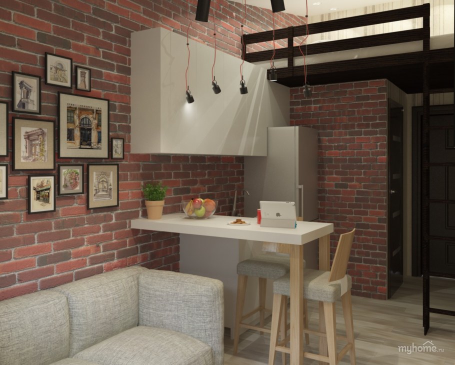 Студия 25 кв м в стиле лофт кирпич