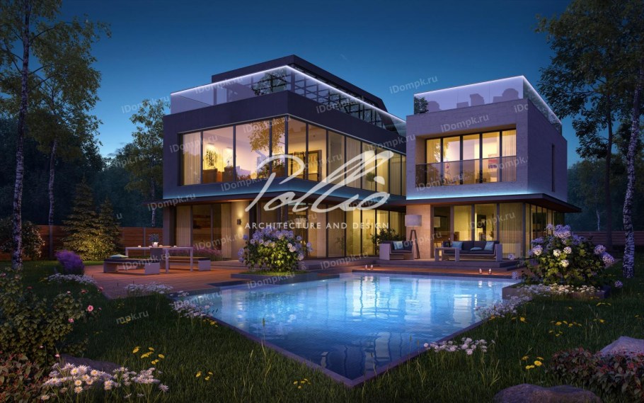 Красивый двухэтажный дом с балконом и бассейном