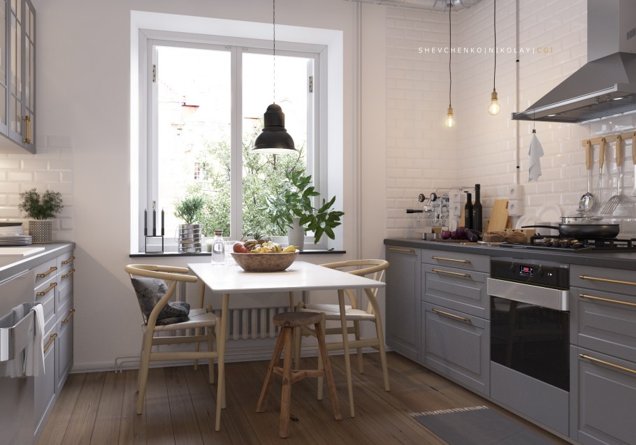 Плитка в кухне гостиной в скандинавском стиле