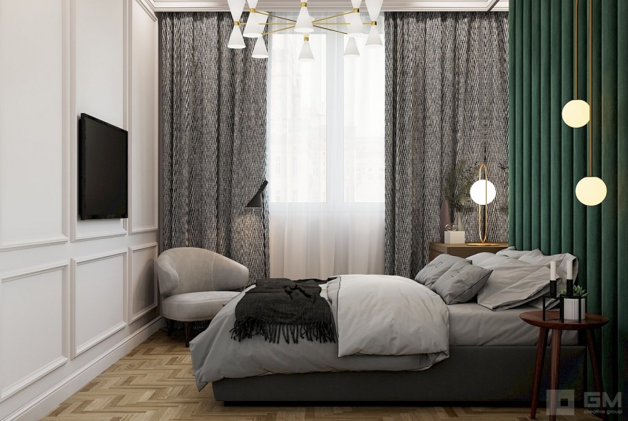 Спальня в серых оттенках с изумрудным акцентом