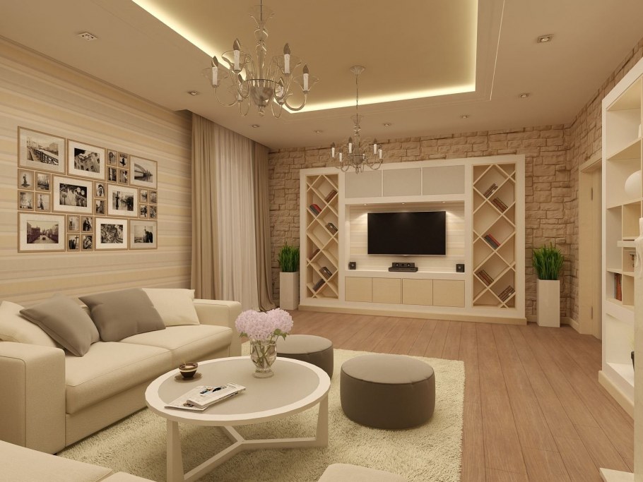 Гостиная с камином в современном стиле в квартире 20 кв.м