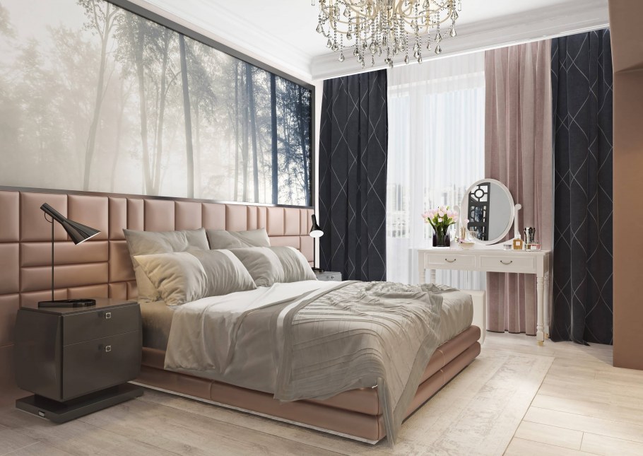 Спальня в нюдовых оттенках с мебелью