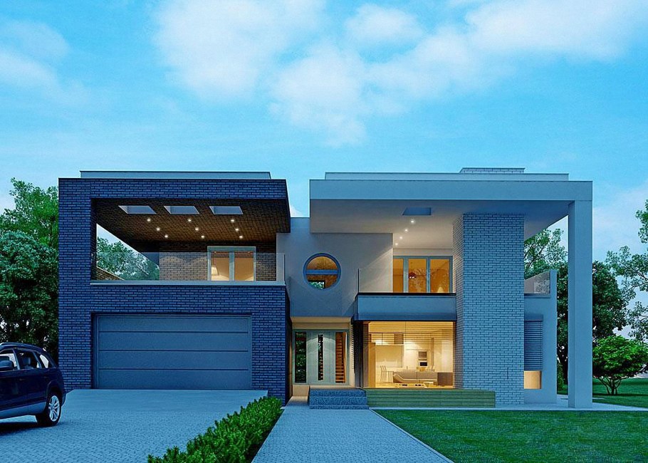 Двухэтажный дом с плоской крышей и гаражом