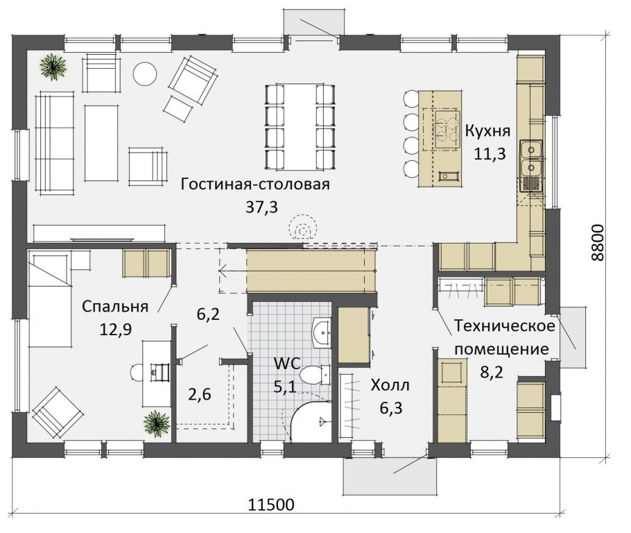 Проект дома с кухней гостиной