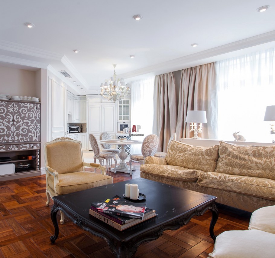 Терракотовые шторы в интерьере гостиной в современном стиле