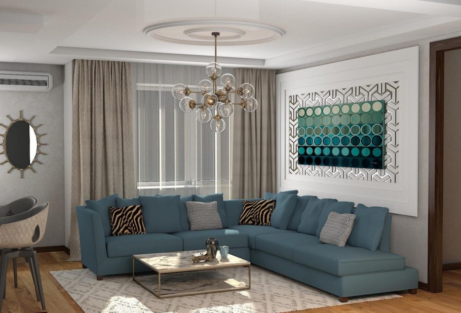 Гостиная с бирюзовым диваном в современном стиле