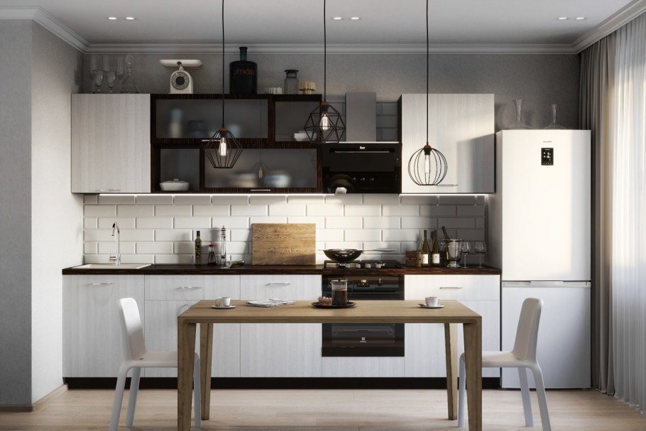 Белая прямая кухня Скандинавский в интерьере фото