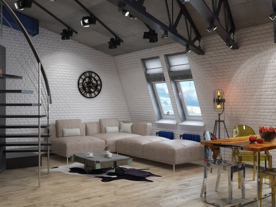 Бра у дивана в гостиной лофт