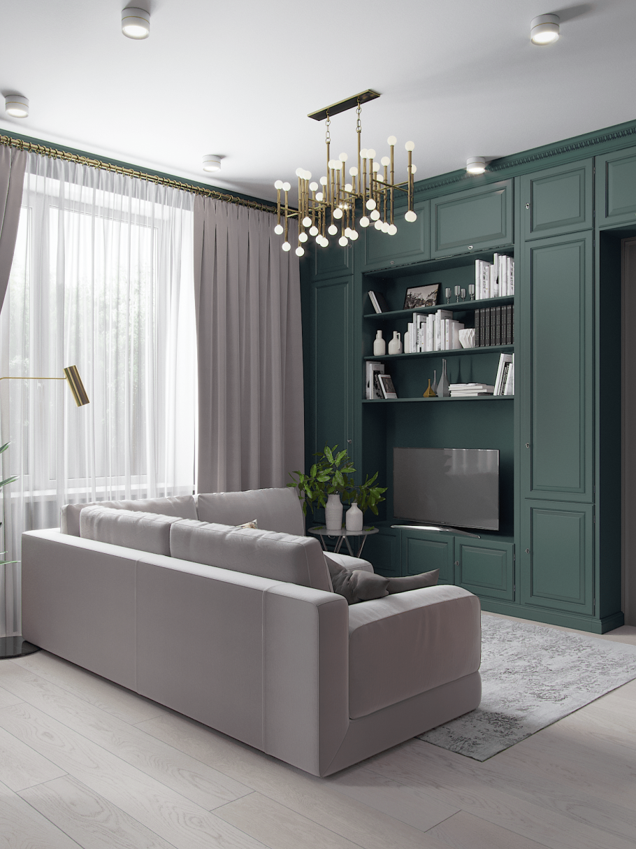 Гостиная в серо зеленых тонах