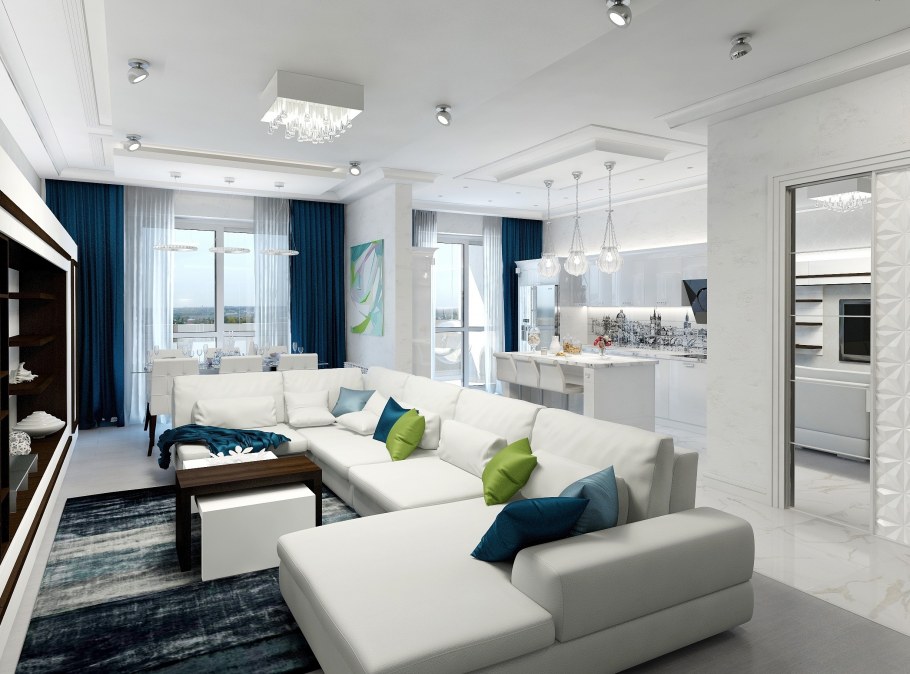 Гостиная Объединенная с кухней в серых тонах