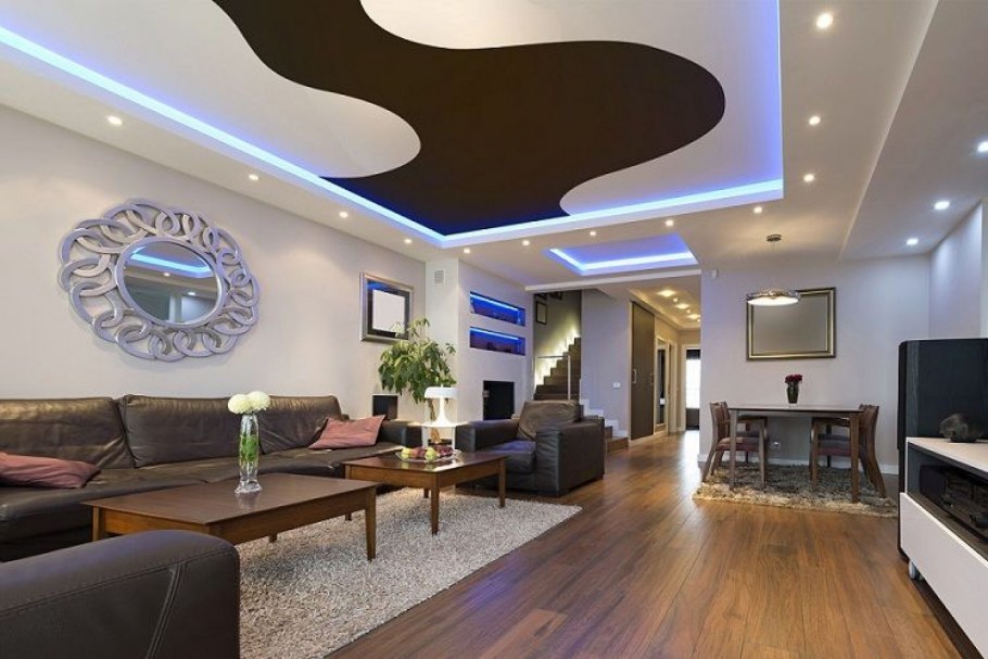 Одноуровневый потолок в интерьере