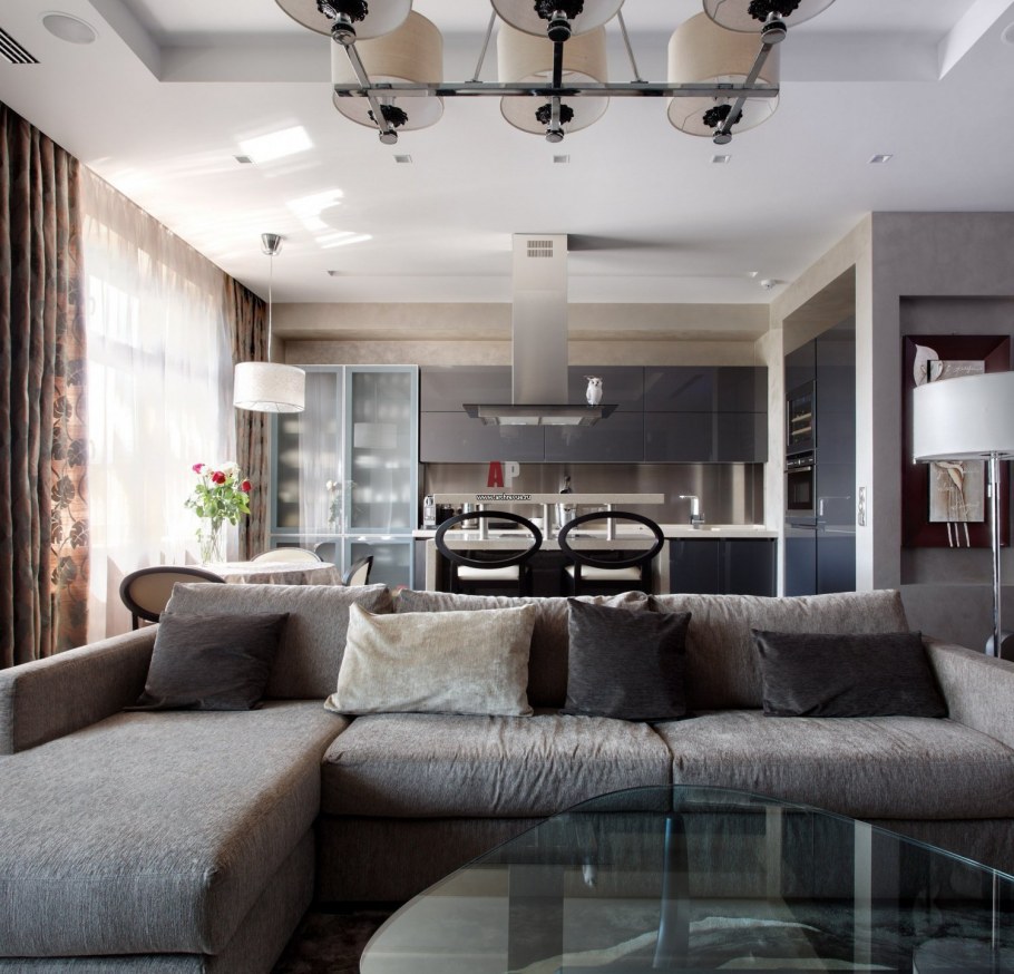 Кухня гостиная в серо коричневых тонах