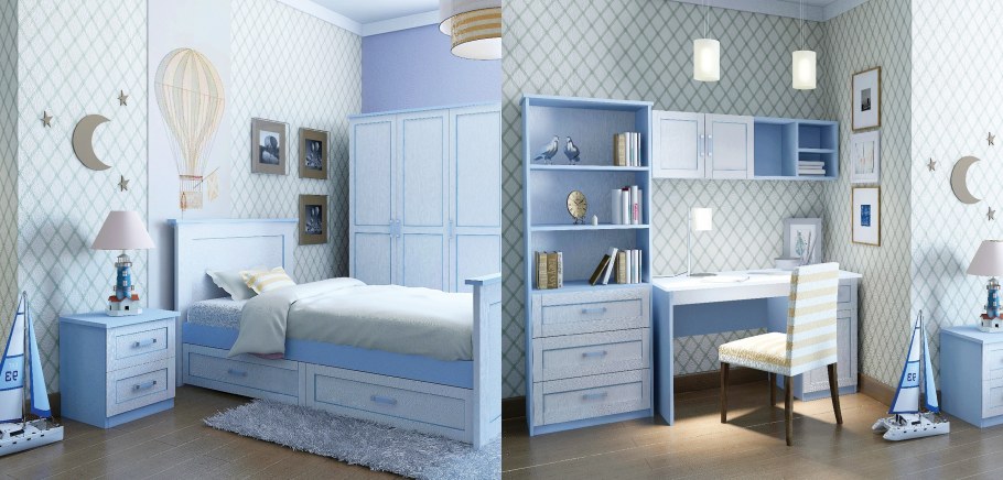 Детская в голубых тонах со светлой мебелью
