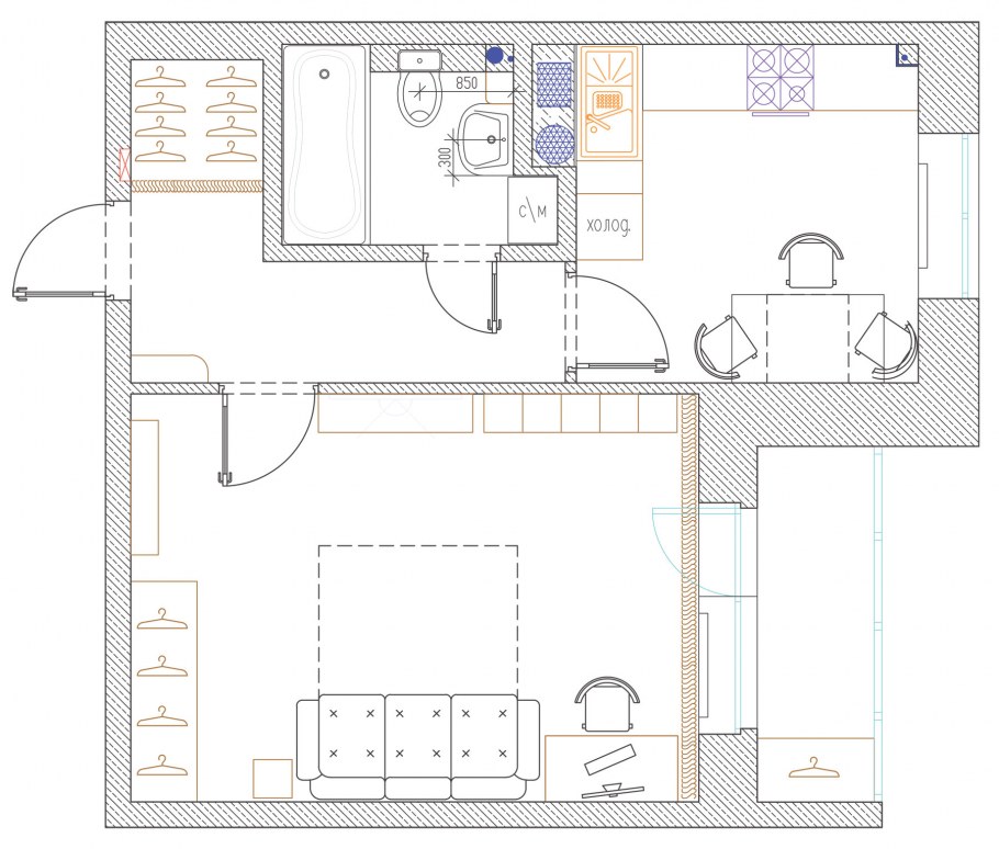 Дизайн интерьера распашной квартиры 46 кв м
