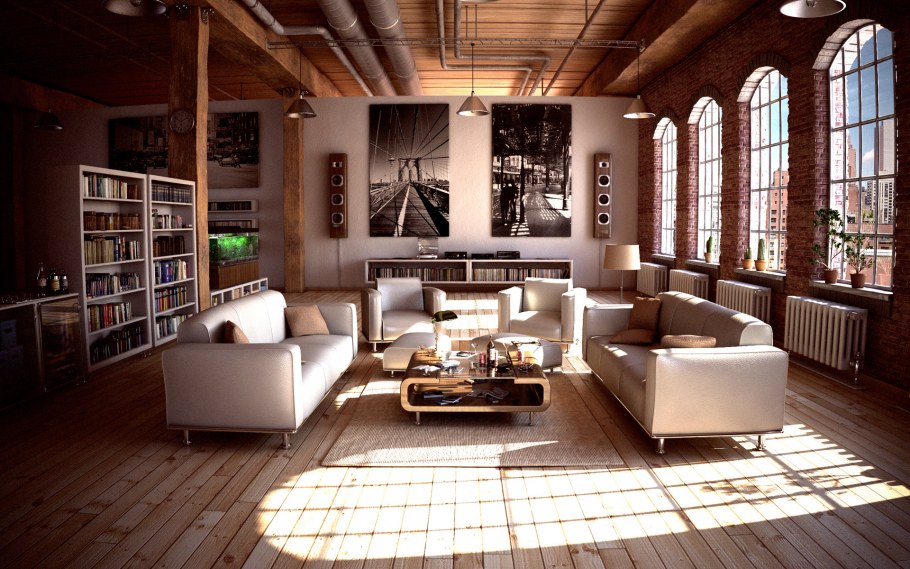 Ковер в интерьере гостиной в стиле лофт