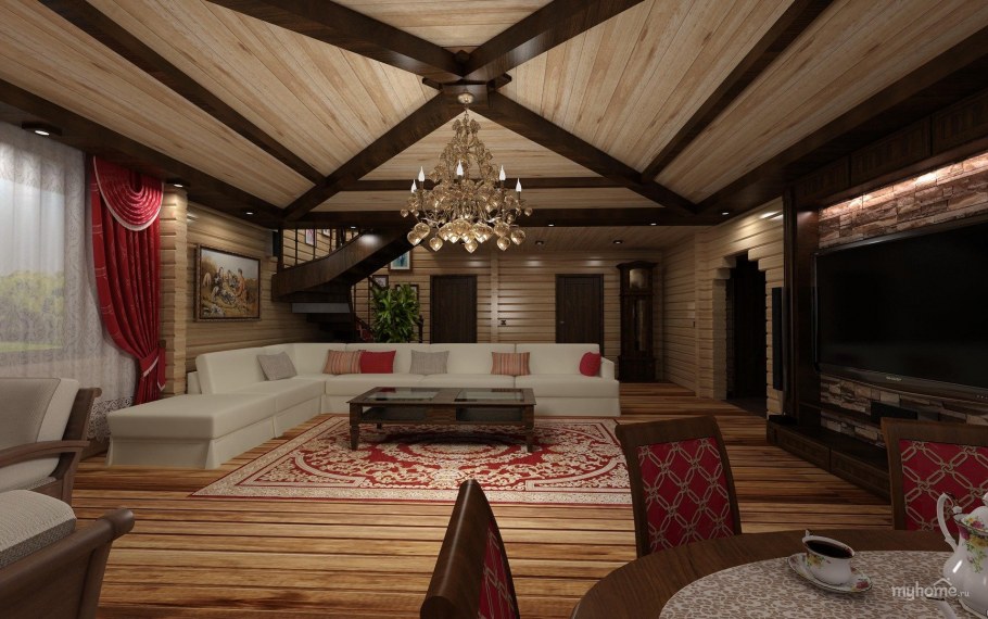 Кухня зал в доме из бруса
