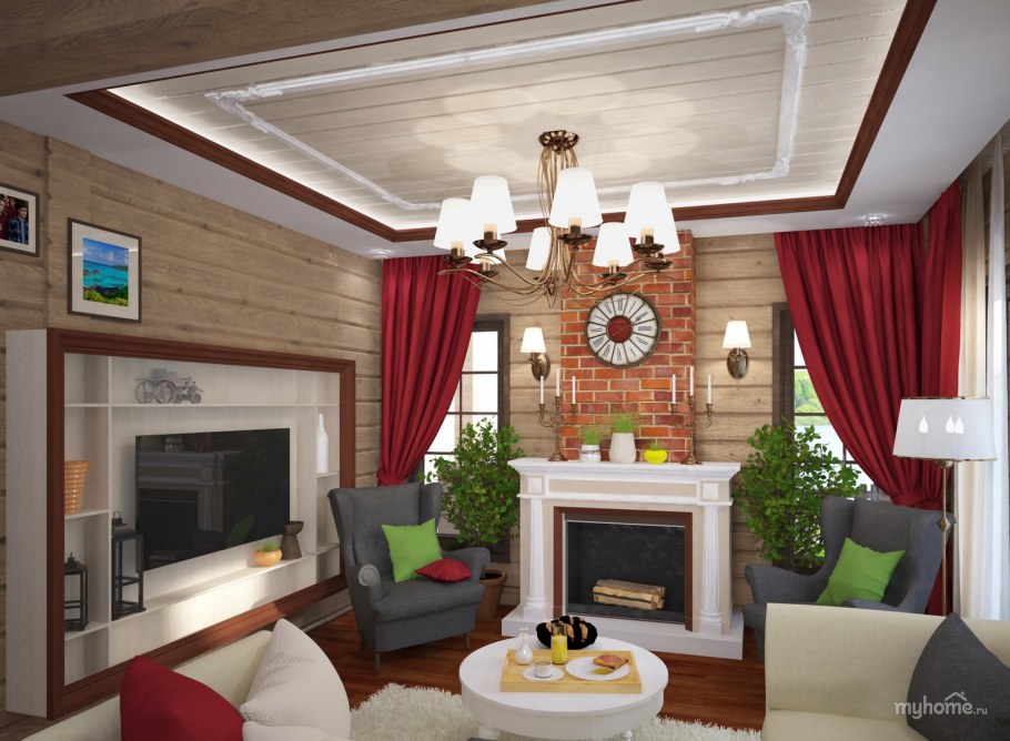 Кухня с гостиной в доме из бруса