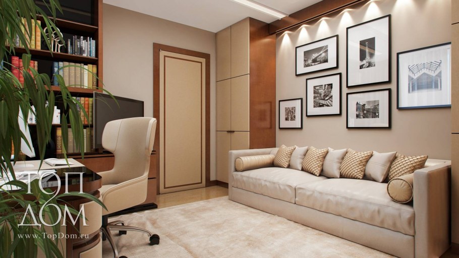 Коричневый диван и бежевый шкаф