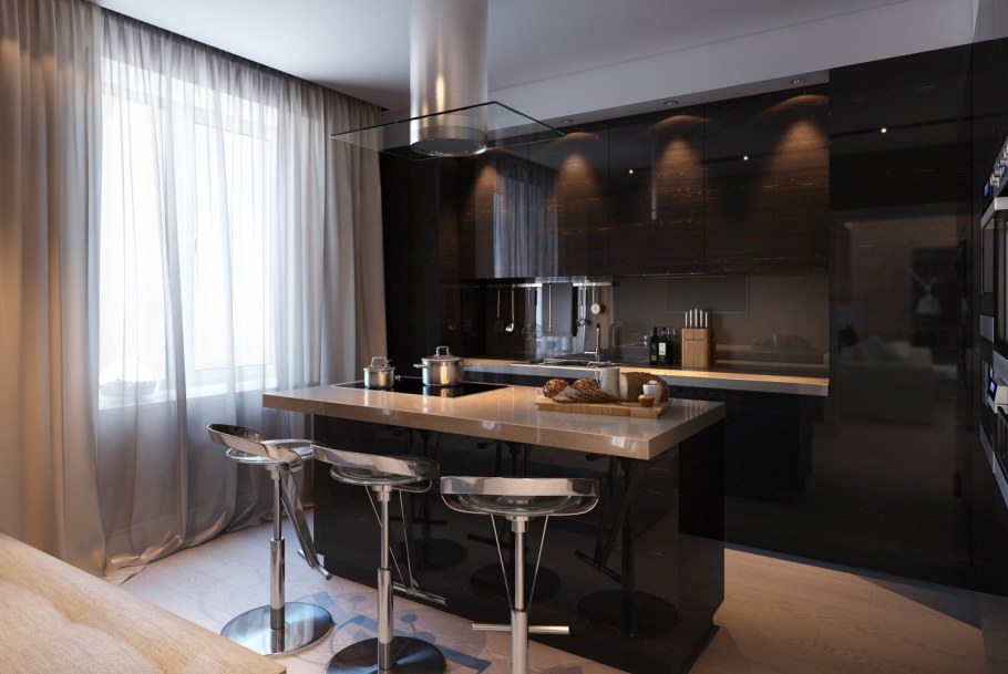 Кухнягостинная в темных тонах