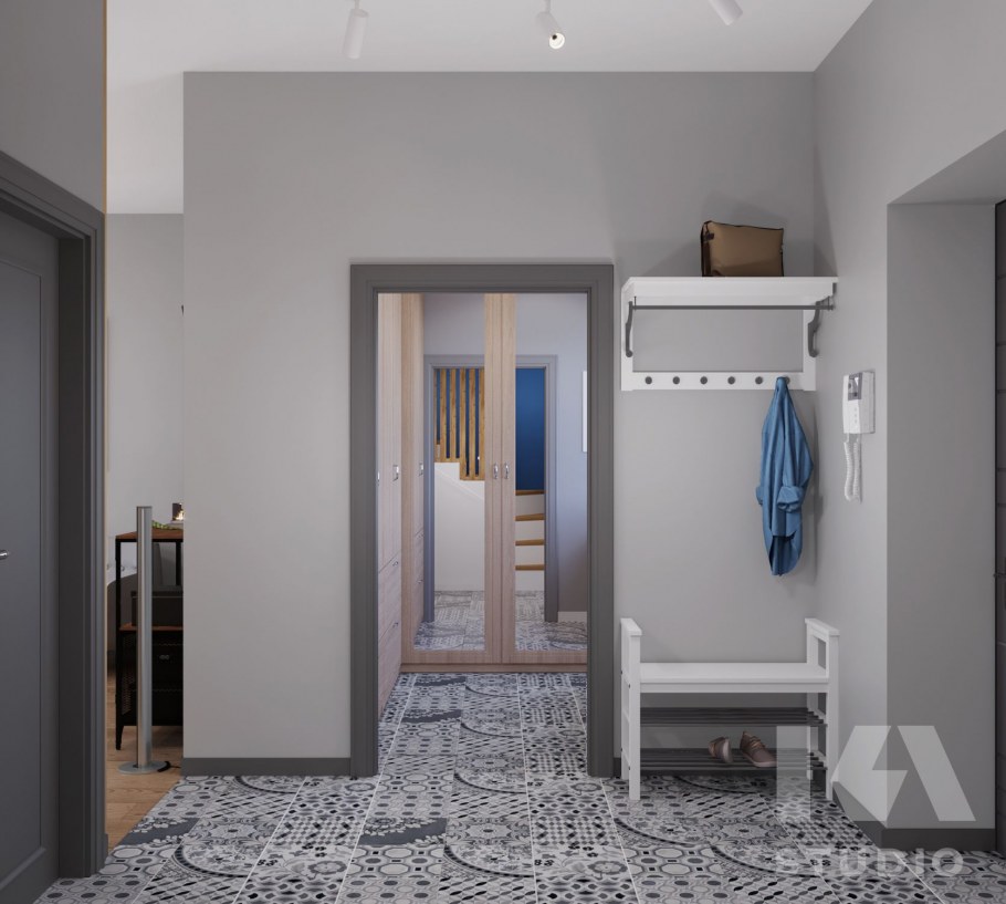 Серая прихожая с лестницей