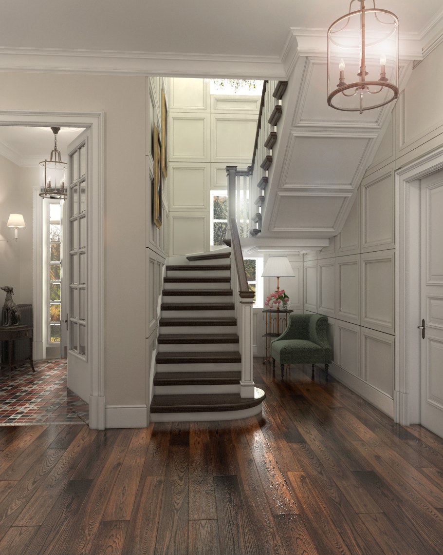 Американская классика в интерьере с лестницей