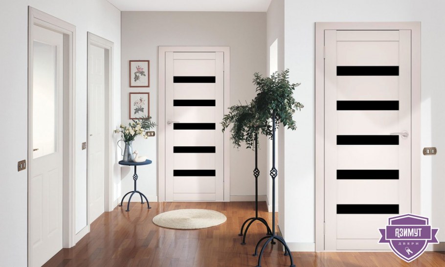 Белые двери с черным стеклом