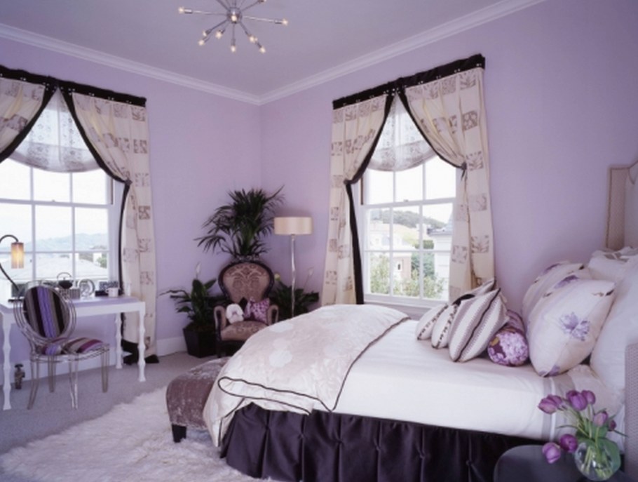 Нежно сиреневые шторы в спальню