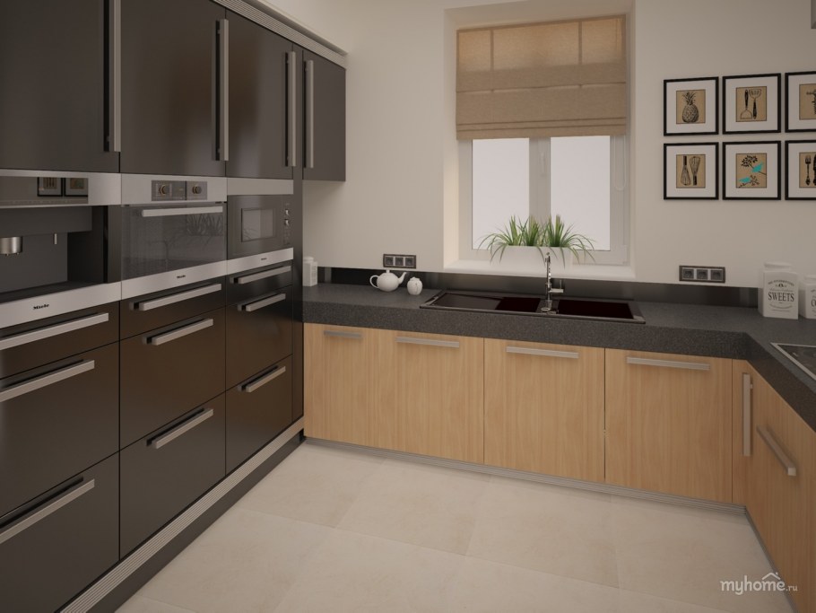 Белая кухня с коричневой плиткой