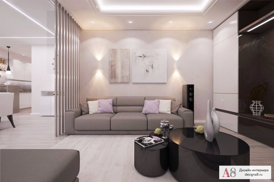 Узкая гостиная в современном стиле