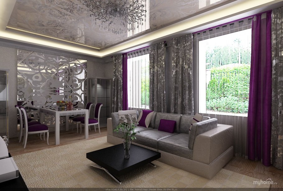 Фиолетовый в интерьере гостиной