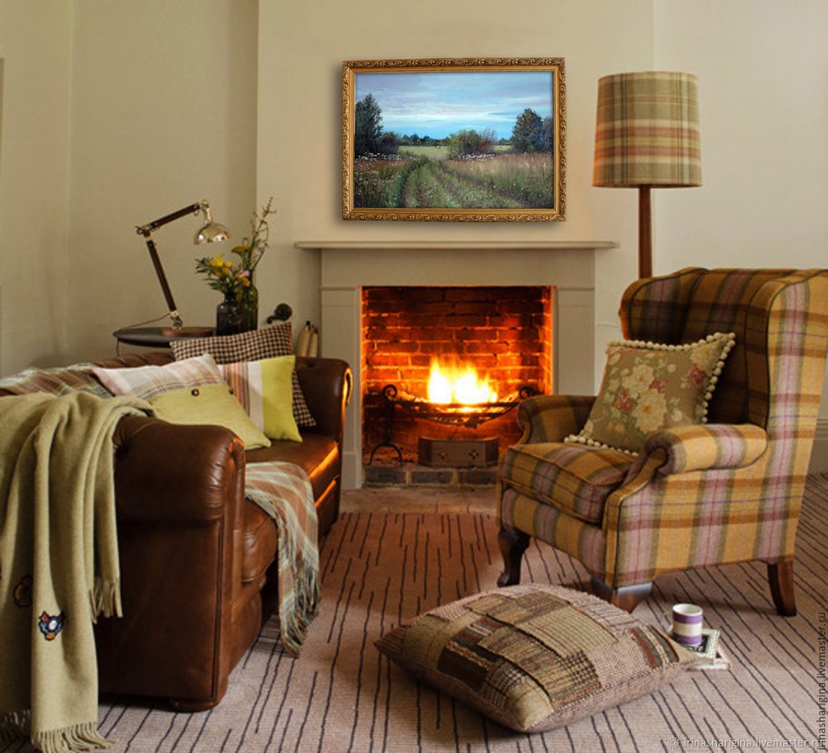 Гостиная с камином и креслом качалкой